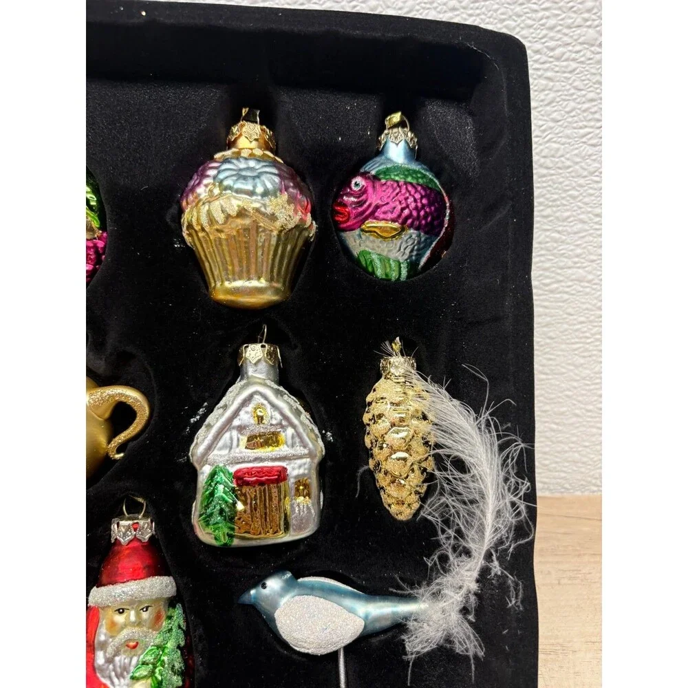 Vtg 2002 Wedding Gift Set Of 12 Blown Glass Christmas Tree Ornaments NIB
